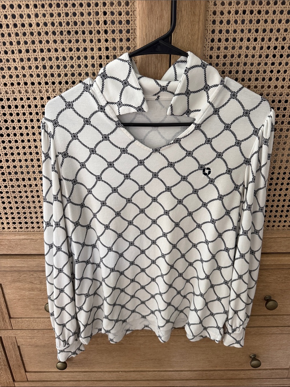 Lands' End White Long-Sleeve Cowl Neck Sweater with Black Geometric Pattern